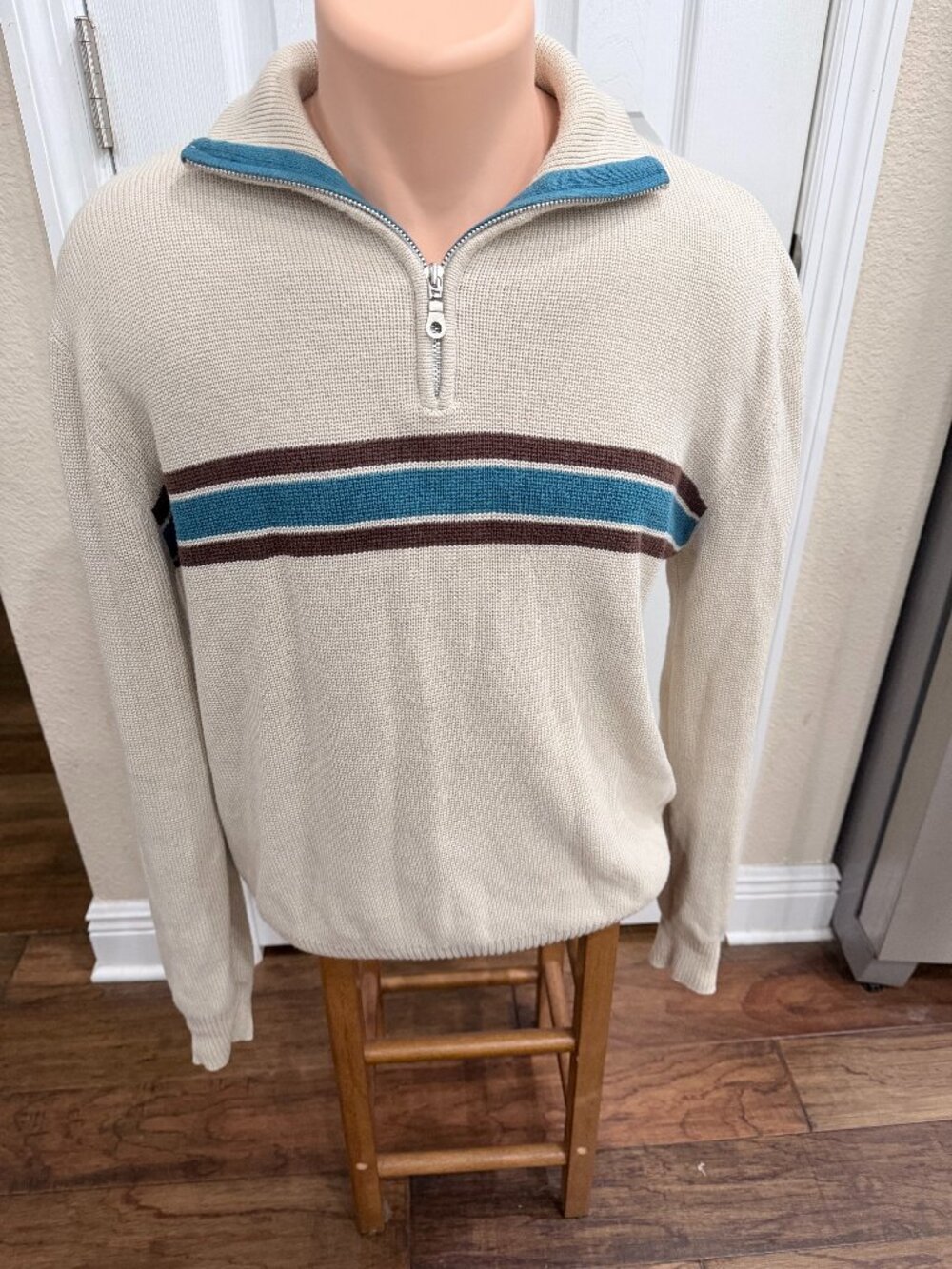 Vintage Aeropostale Quarter Zip Sweater L Cream Teal Brown Stripe Y2K Preppy